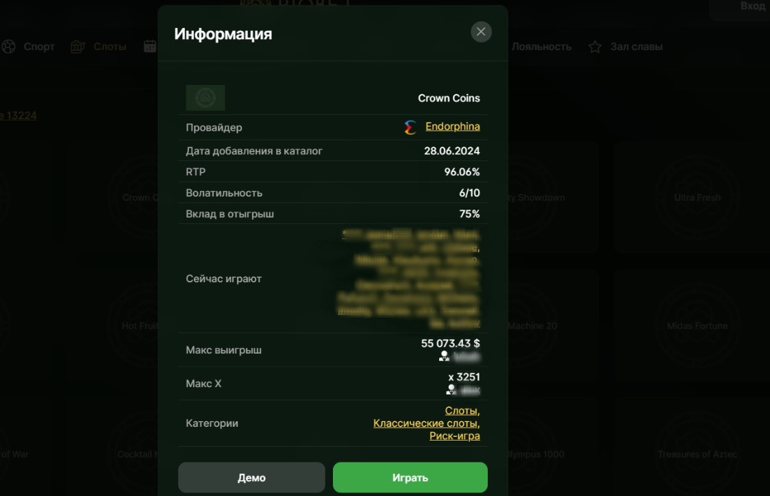 Информация о слоте